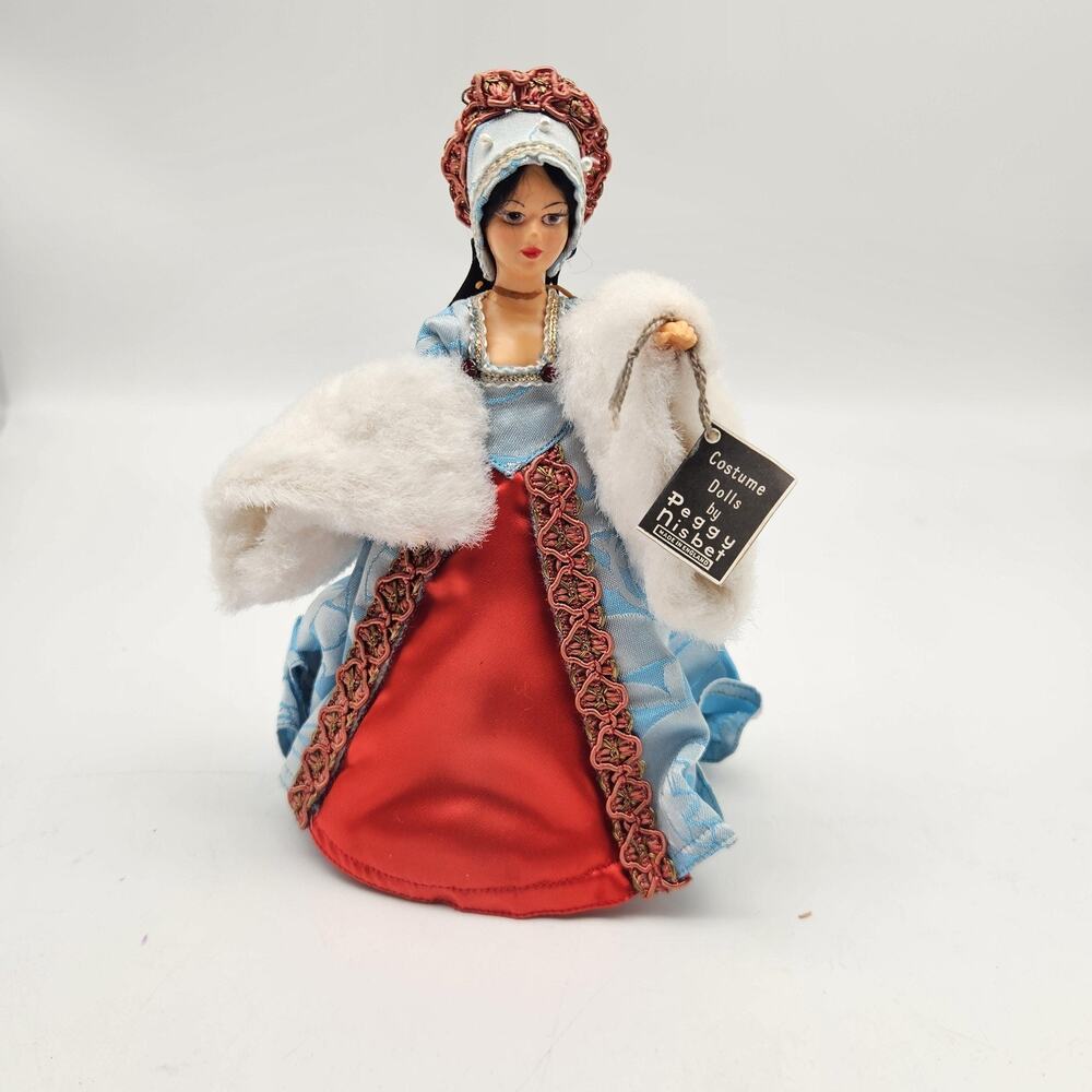 Vintage Peggy Nisbet Costume Lady Doll Blue Red Gown Fur Trim Made In England